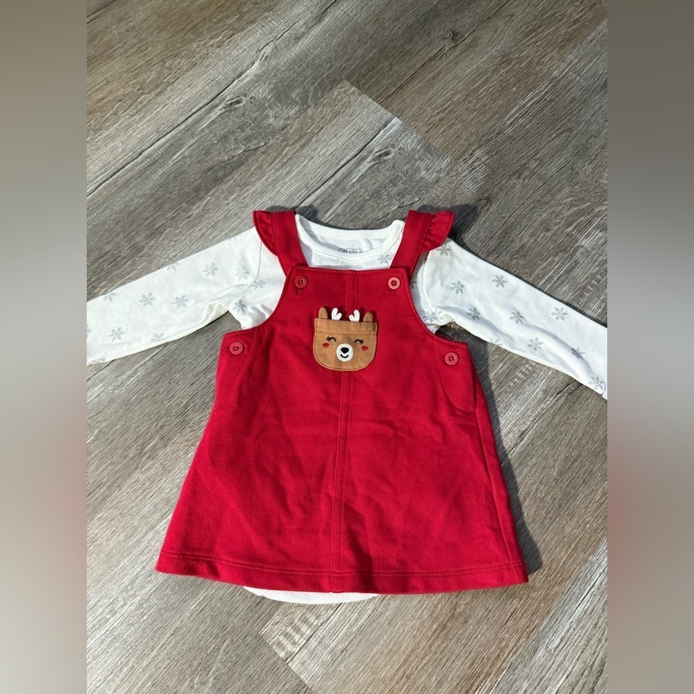 NWT Carters 2 Piece Set Christmas Reindeer Outfit Red Dress Jumper Size 3-6 Mos - Picture 3 of 7